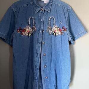 Vintage Bobbie Brooks Denim Button Down Shirt Embroidered Cats and Birds Quirky